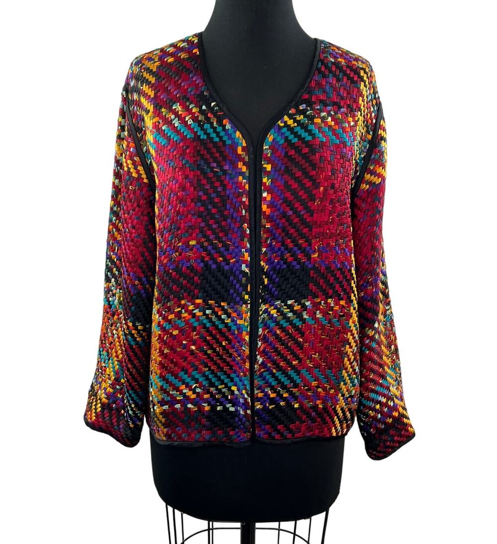 Vintage CHICO'S DESIGN Pink Yellow Woven Silk Long Sleeve Open Front Jacket Sz 2